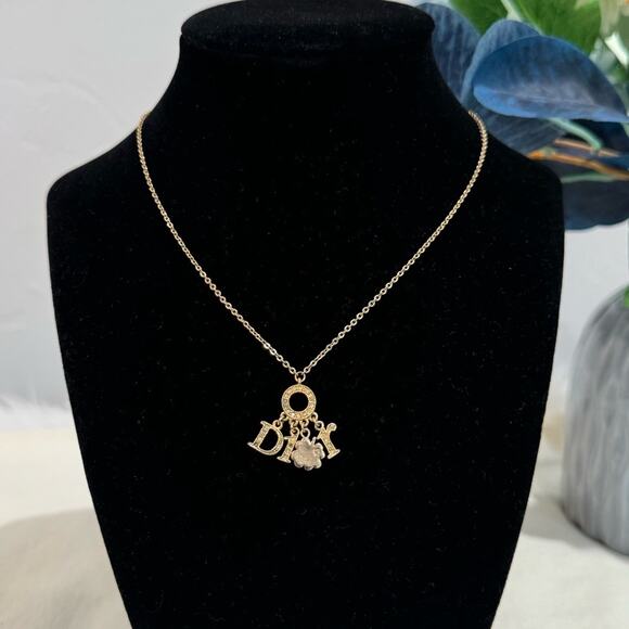 Authentic Christian Dior Gold Tone Crystal Lucky Clover Necklace - Picture 1 of 5